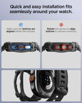 ACS11612 - Galaxy Watch Ultra Series - Rugged Armor Pro  showing two close-up views comparing correct and incorrect button alignment during installation, alongside a view of the case fitting over the watch's sensor.
