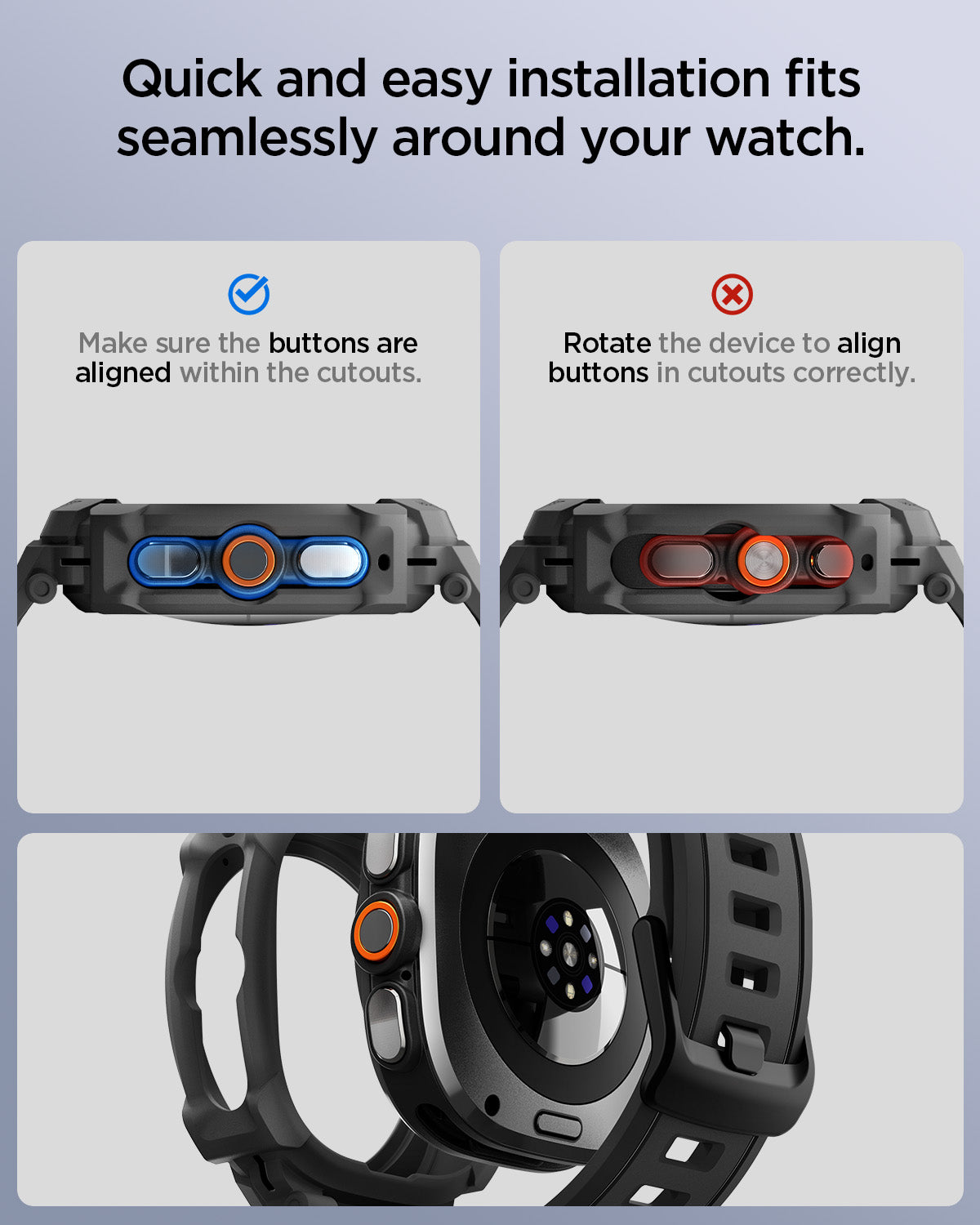 ACS11612 - Galaxy Watch Ultra Series - Rugged Armor Pro  showing two close-up views comparing correct and incorrect button alignment during installation, alongside a view of the case fitting over the watch's sensor.