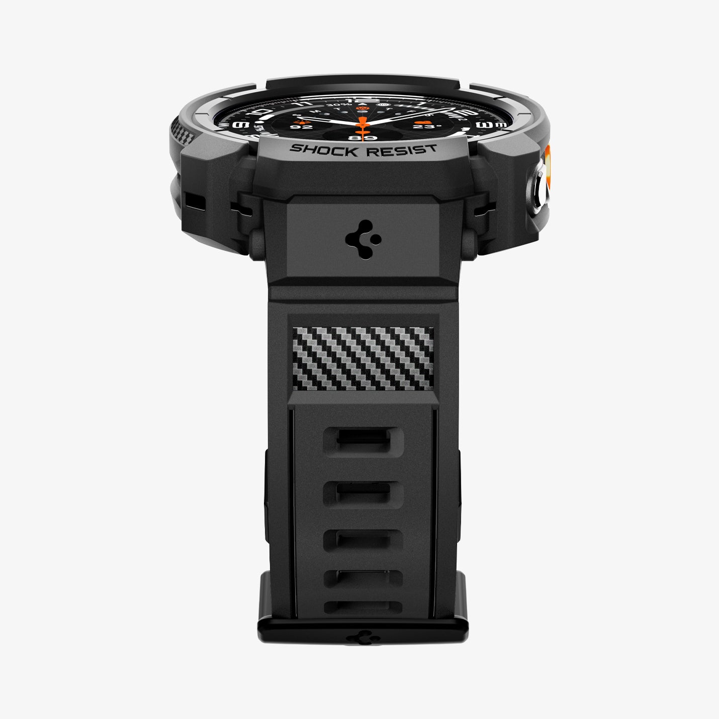 ACS11612 - Galaxy Watch Ultra Series - Rugged Armor Pro showing a front-facing close-up of the Rugged Armor Pro case and band, highlighting the "Shock Resist" text and carbon fiber detail.