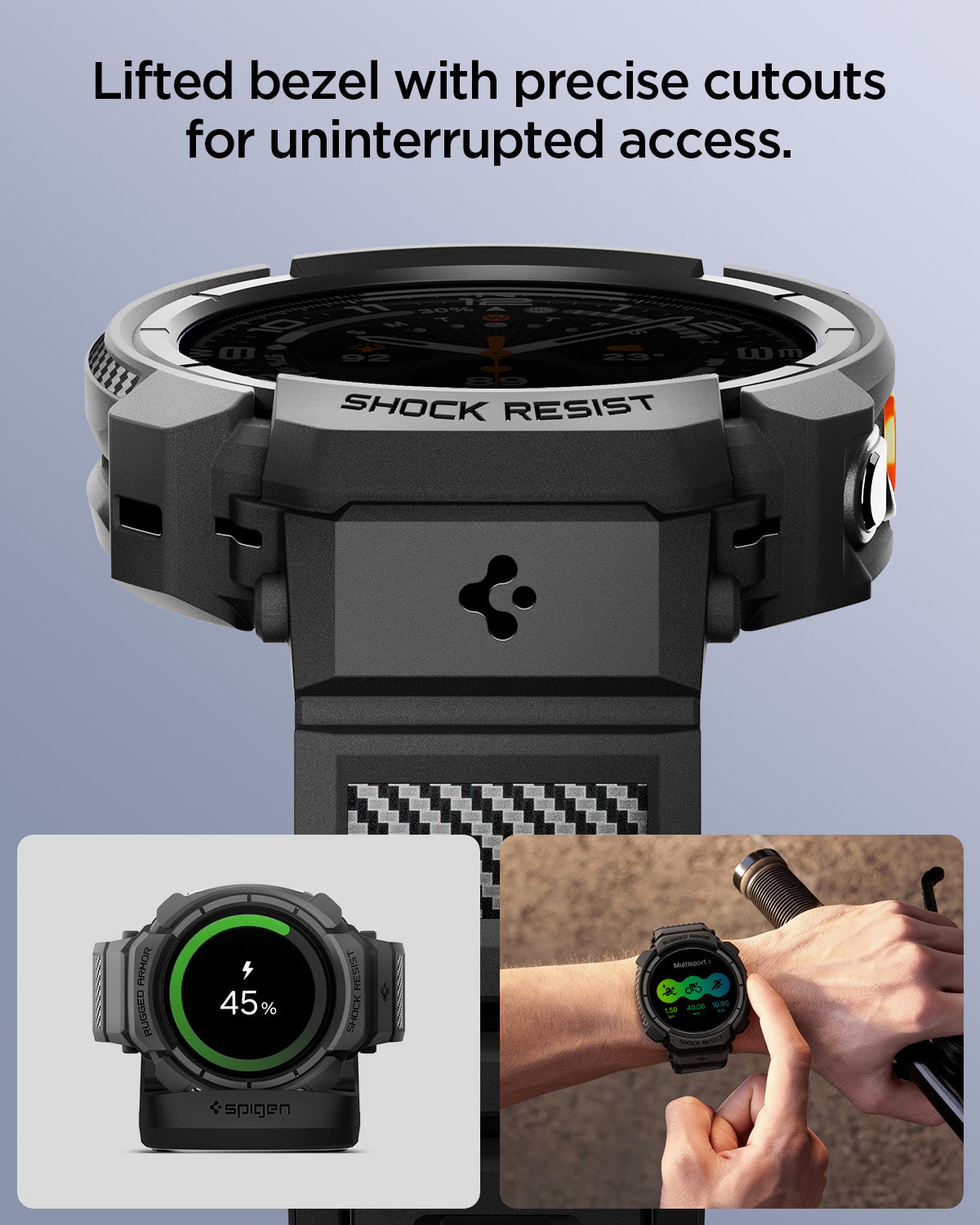 ACS11612 - Galaxy Watch Ultra Series - Rugged Armor Pro showing a close-up of the lifted bezel and cutouts on the Rugged Armor Pro case, alongside lifestyle shots of the watch charging and being worn during an outdoor activity.