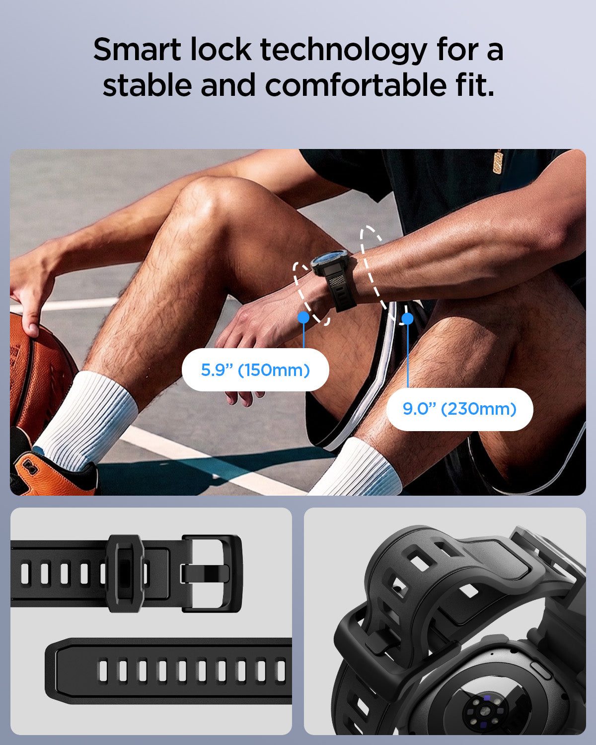 ACS11612 - Galaxy Watch Ultra Series - Rugged Armor Pro showing a lifestyle shot of a person wearing the Rugged Armor Pro case on a basketball court with wrist size measurements, alongside close-up views of the band's buckle.