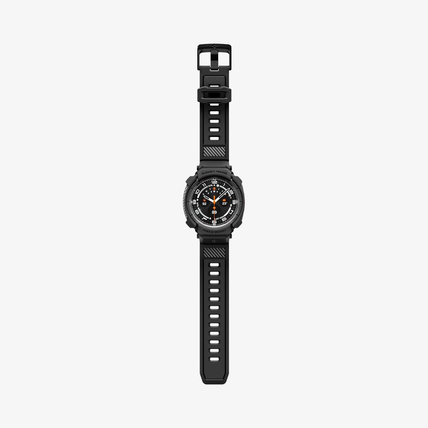 ACS11612 - Galaxy Watch Ultra Series - Rugged Armor Pro showing the Rugged Armor Pro case and band alone, flat lay view highlighting the buckle and carbon fiber detail.