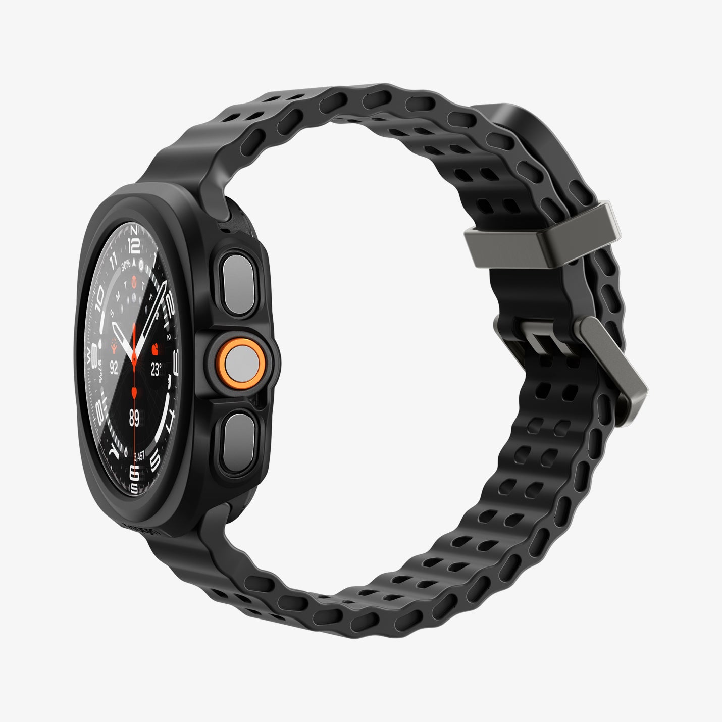 ACS11609 - Galaxy Watch Ultra Series Thin Fit 360 showing the case's side profile with button cutouts and band on the watch