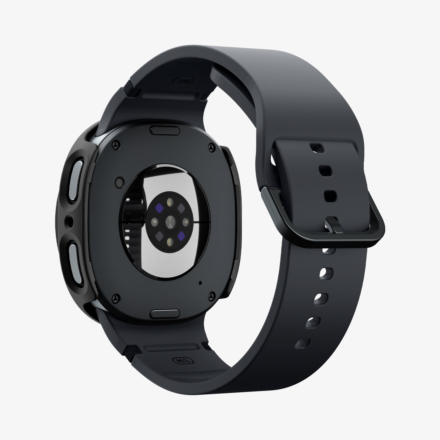 ACS11601 - Galaxy Watch 9 (44mm) Thin Fit 360 showing the case's rear view with camera cutout and black band on the smartwatch