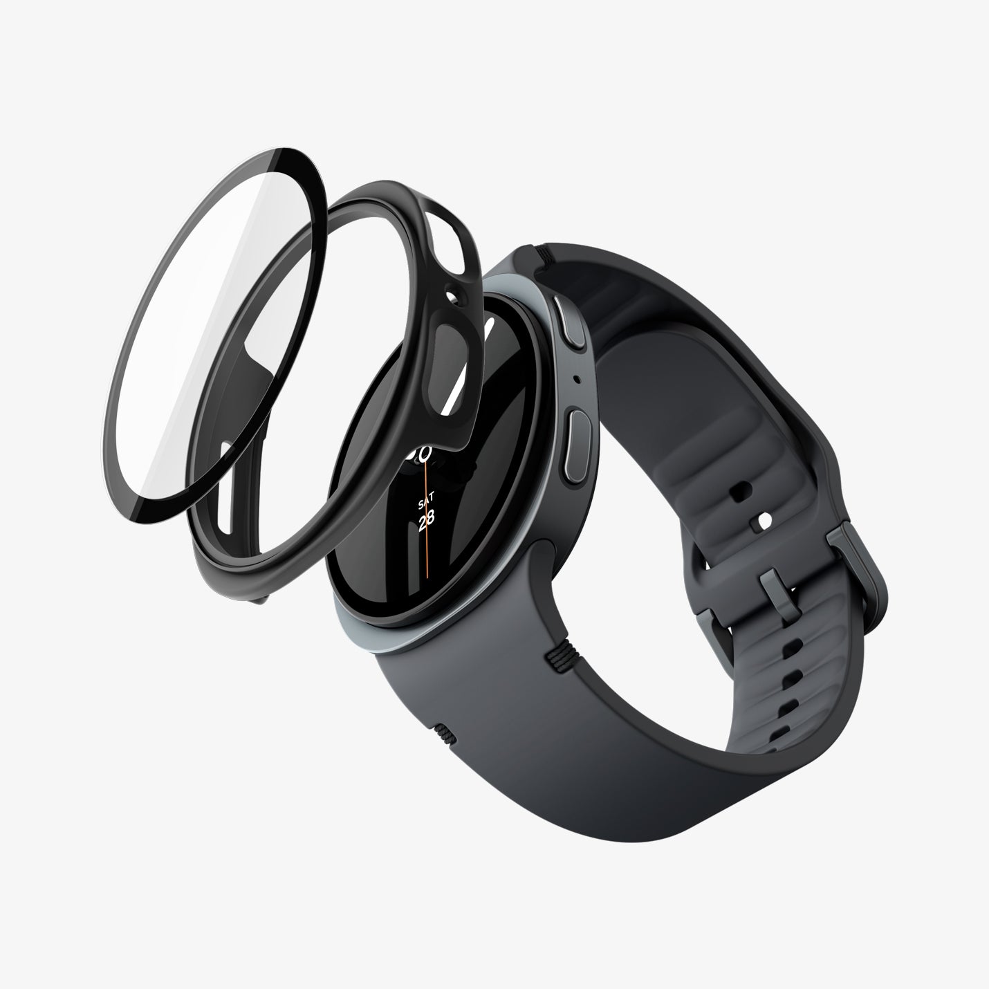 ACS11601 - Galaxy Watch 9 (44mm) Thin Fit 360 showing the case, screen protector, and band separated in an exploded view