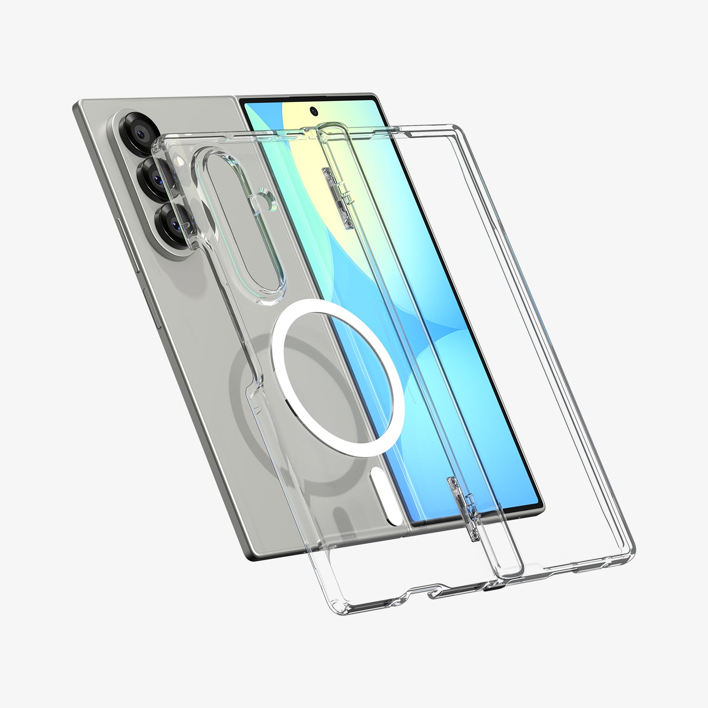 ACS09546 - Galaxy Z Fold 7 Ultra Hybrid Pro (MagFit) showing the back, hinge and front of a transparent case hovering in front of the device