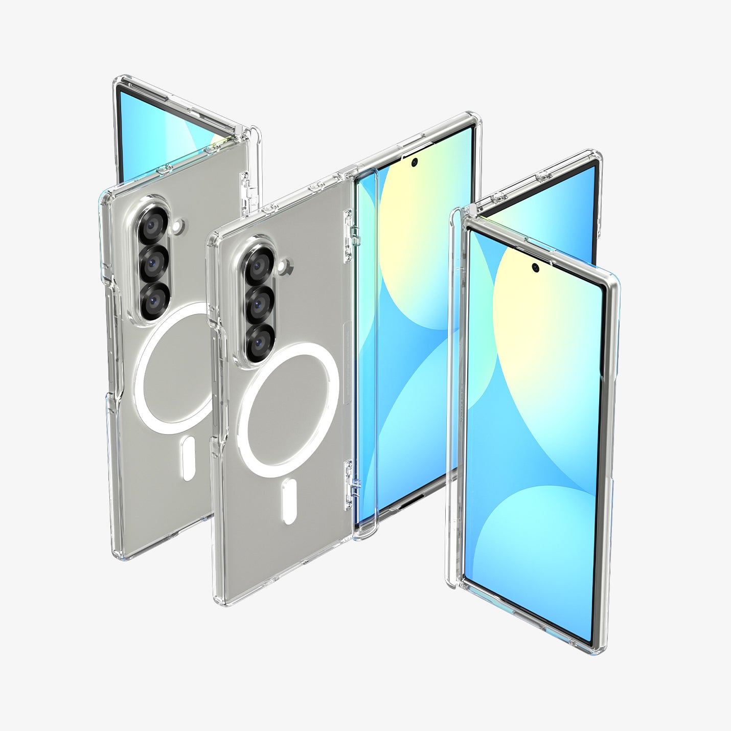 ACS09546 - Galaxy Z Fold 7 Ultra Hybrid Pro (MagFit) showing the front, partial front, back, partial back and hinge of 3 devices aligned with each other