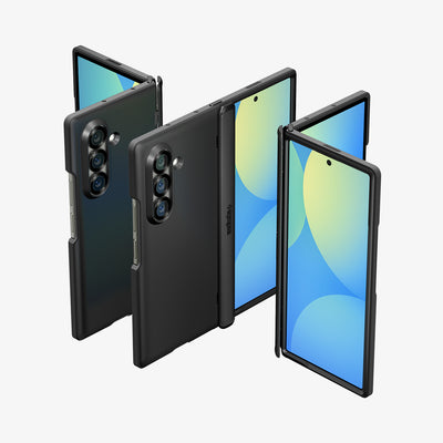 ACS09551 - Galaxy Z Fold 7 - Slim Armor Pro (MagFit) in black showing the front, partial front, back, partial back and hinge of 3 devices aligned with each other