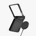 ACS09558 - Galaxy Z Flip 7 Case Slim Armor Pro (MagFit) in black showing the inside and side with magsafe charger hovering behind the case
