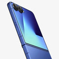 AGL09584 - Galaxy Z Flip 8 Series - Optik Pro EZ Fit showing an angled view of the Galaxy Z Flip 8 in Blue with the Optik Pro EZ Fit lens protector installed over the camera lenses.