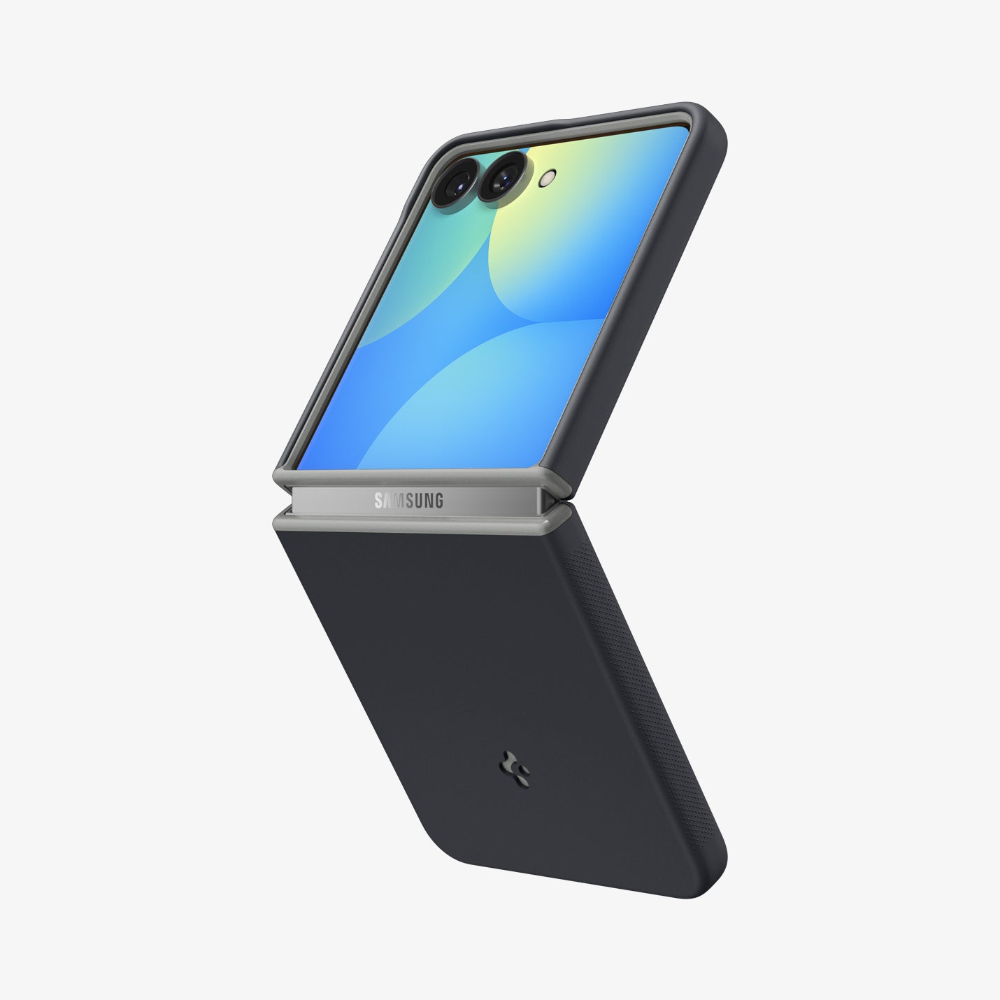 ACS11518 - Galaxy Z Flip 8 Nano Pop (Mag Fit) Black Sesame showing an angled view of the Galaxy Z Flip 8 with the NanoPop MagFit case, folded open with the "SAMSUNG" text visible on the gray hinge bar.
