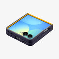 ACS11517 - Galaxy Z Flip 8 Nano Pop (Mag Fit) Blueberry Navy showing an angled top-down view of the Galaxy Z Flip 8 with the NanoPop MagFit case, camera cutout visible with the yellow trim.