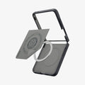 ACS11518 - Galaxy Z Flip 8 Nano Pop (Mag Fit) Black Sesame showing an angled close-up of the case's interior with a gray magnet alignment sheet lifted, patent labeling, and the 