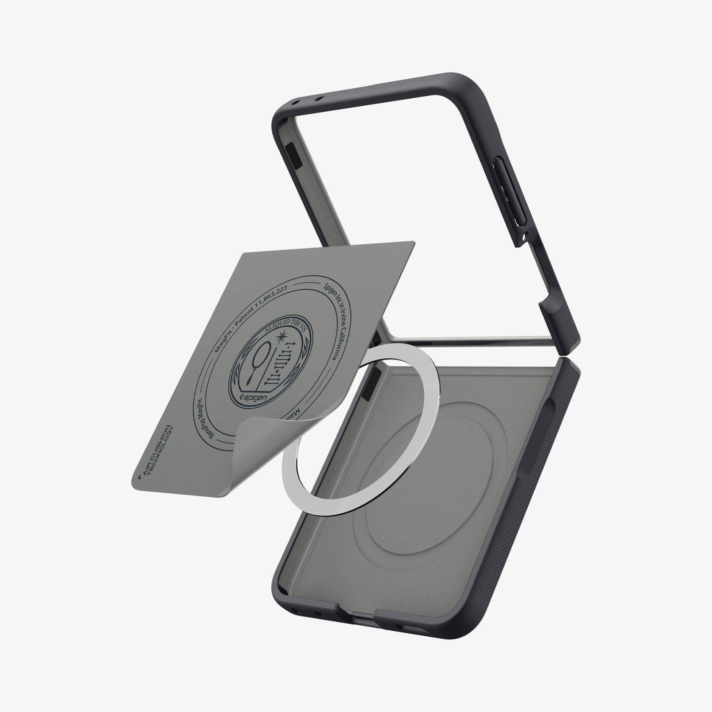 ACS11518 - Galaxy Z Flip 8 Nano Pop (Mag Fit) Black Sesame showing an angled close-up of the case's interior with a gray magnet alignment sheet lifted, patent labeling, and the "Air Cushion Technology" text visible.