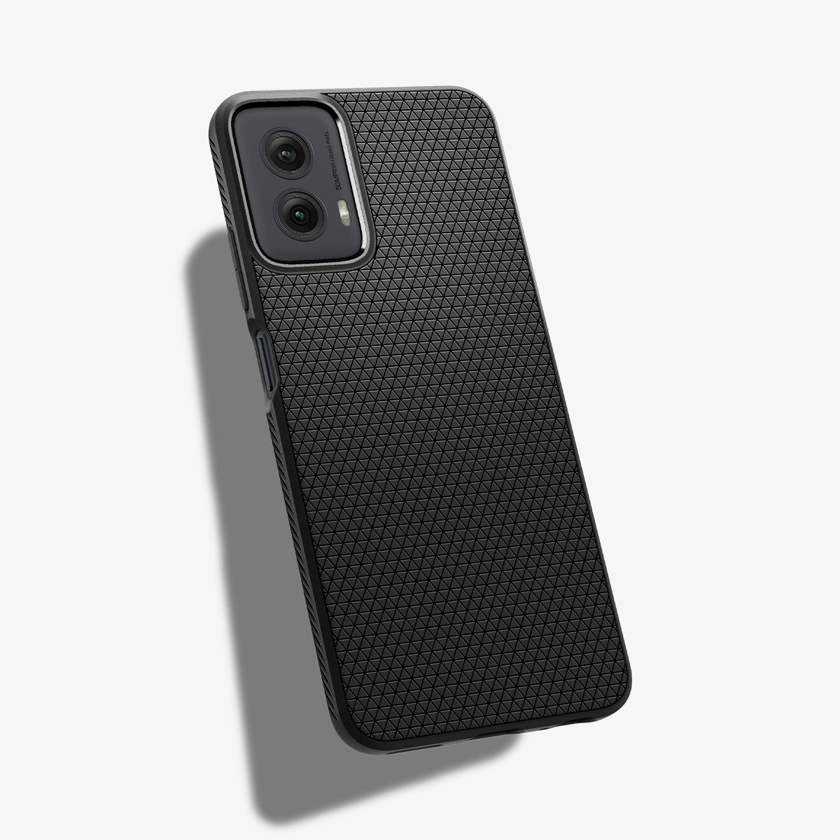 ACS07770 - Moto G Power 5G (2024) Case Liquid Air in Matte Black showing the back, partial side with side buttons hovering on a flat surface