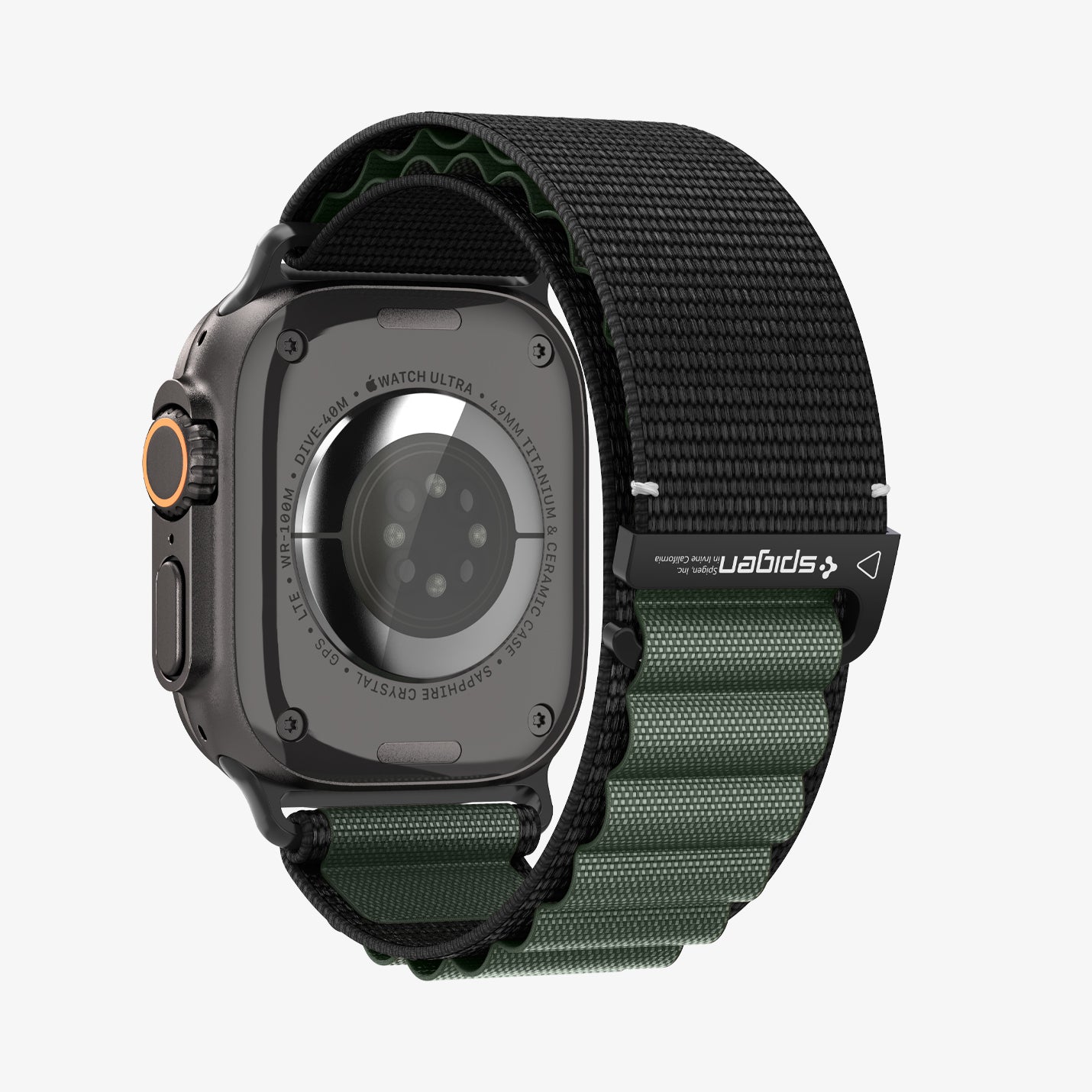 AMP10223 - Apple Watch Ultra (49mm) WBF1 in Black Green showing the back and partial side of the watch head and back of the strap locked