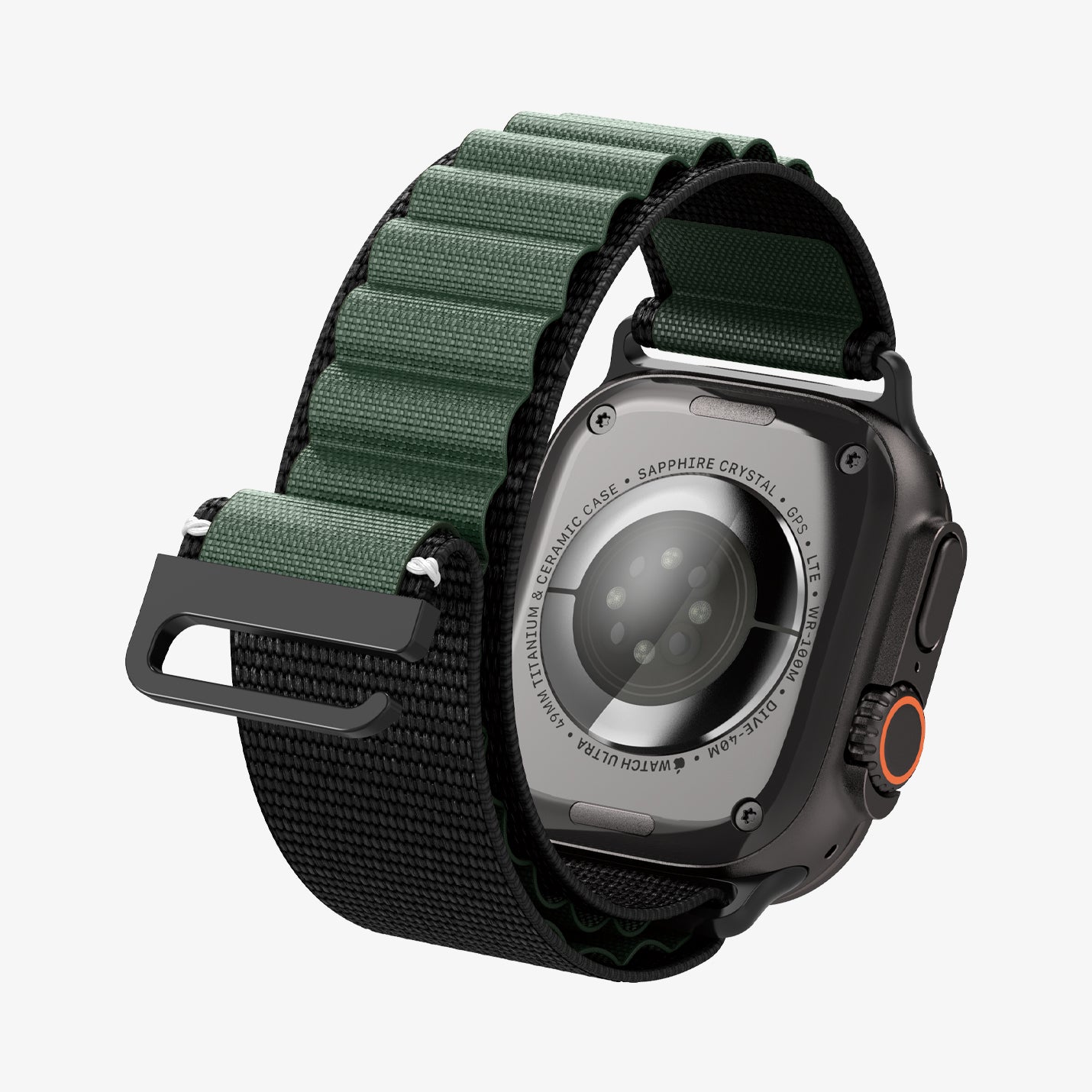 AMP10223 - Apple Watch Ultra (49mm) WBF1 in Black Green showing the back of the watch head, back of the strap unlocked