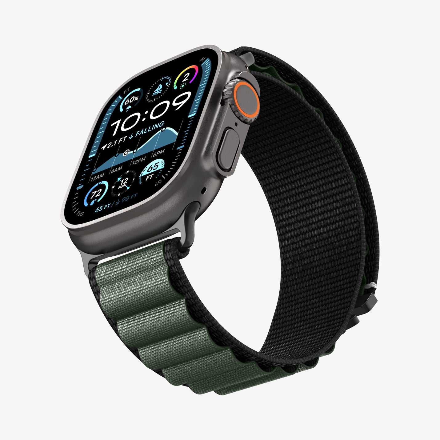 AMP10223 - Apple Watch Ultra (49mm) WBF1 in Black Green showing the partial front, side and strap