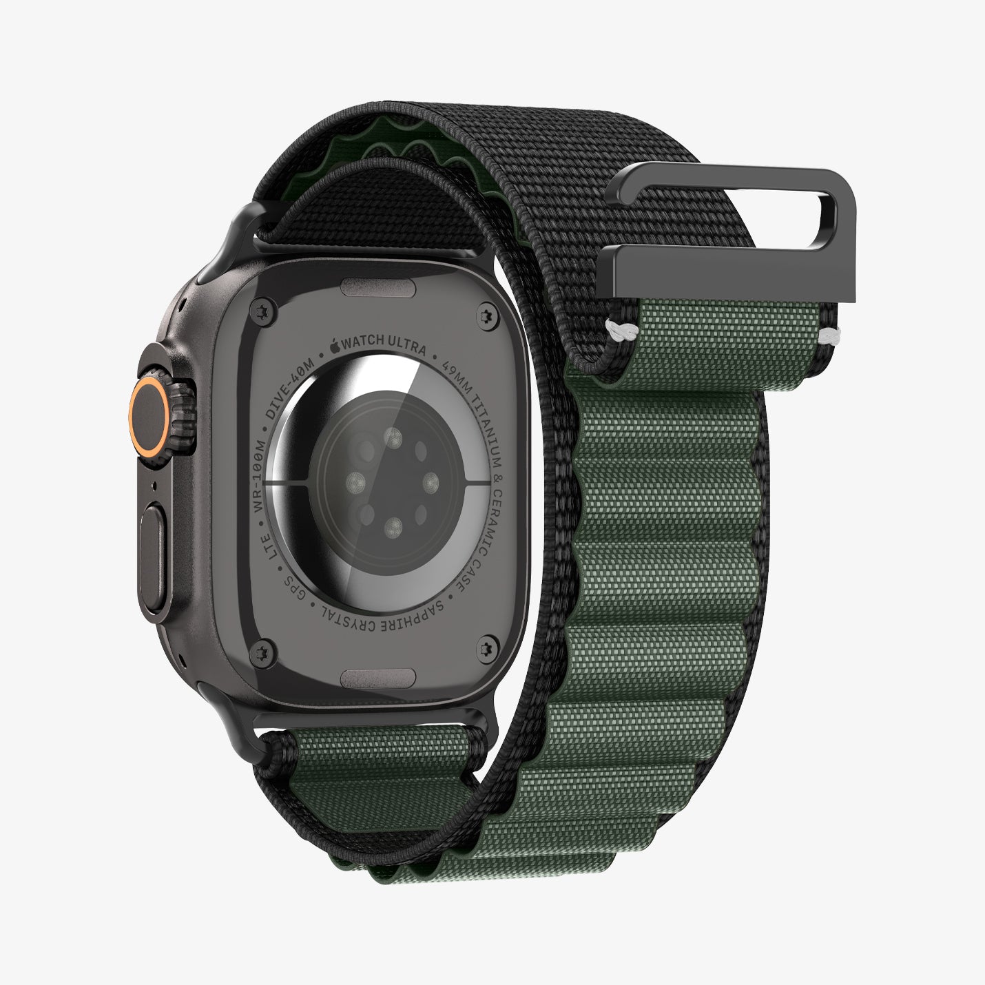 AMP10223 - Apple Watch Ultra (49mm) WBF1 in Black Green showing the back of the watch head and back of of the strap