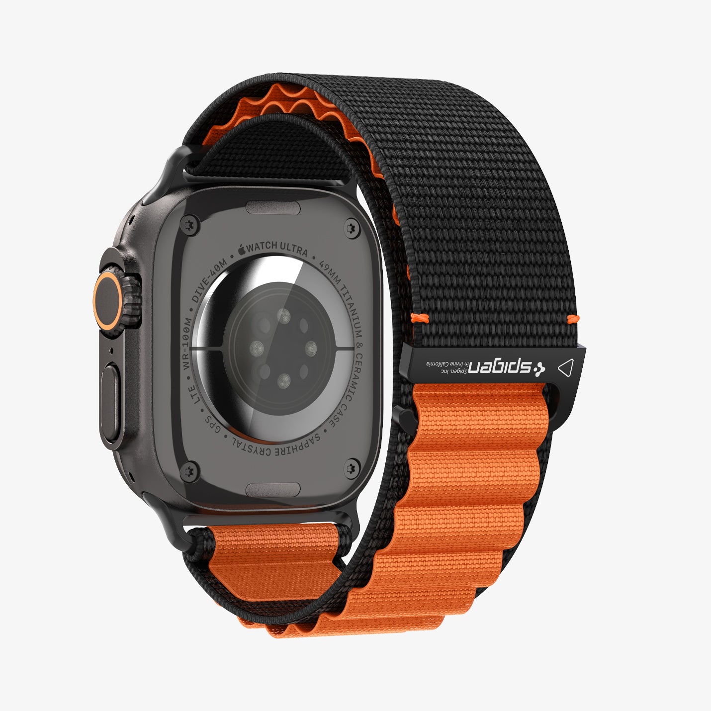 AMP10145 - Apple Watch Ultra (49mm) WBF1 in Black Orange showing the back and partial side of the watch head and back of the strap locked