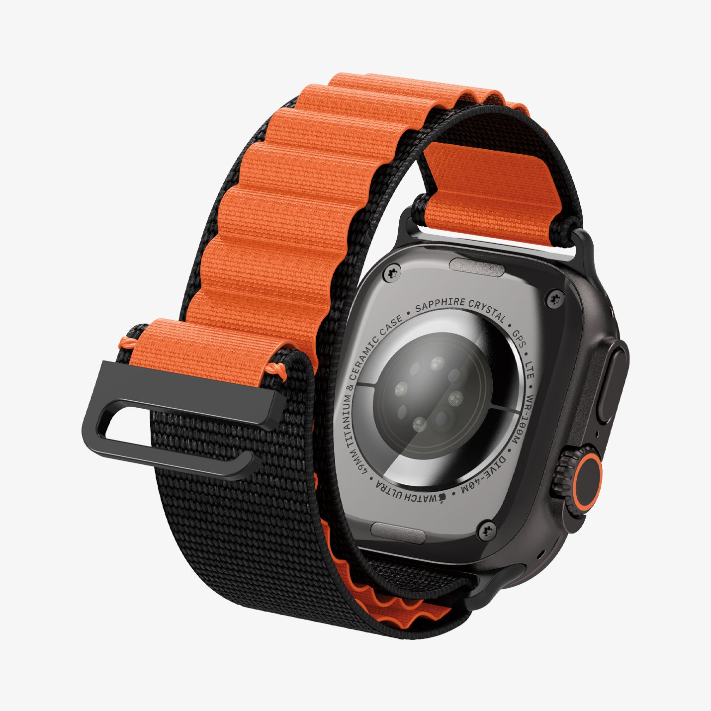 AMP10145 - Apple Watch Ultra (49mm) WBF1 in Black Orange showing the back of the watch head, back of the strap unlocked