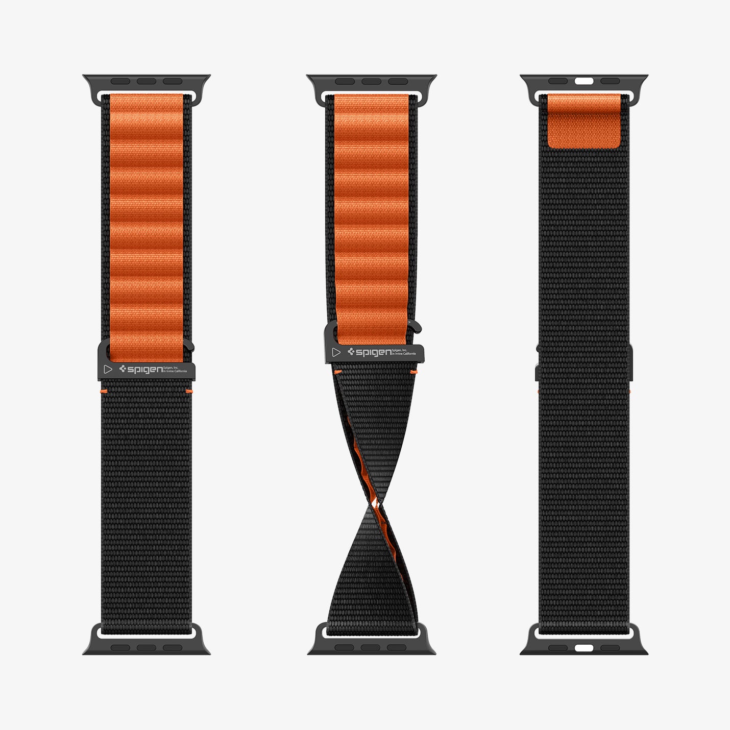 AMP10145 - Apple Watch Ultra (49mm) WBF1 in Black Orange showing the 3 different view of the strap