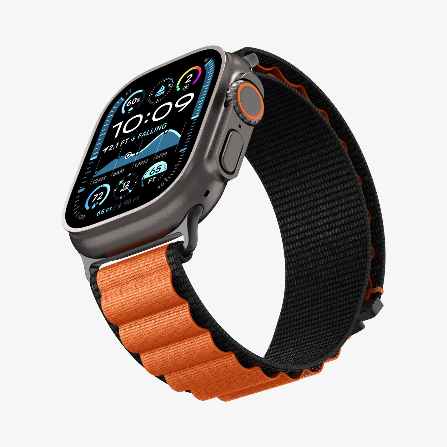 AMP10145 - Apple Watch Ultra (49mm) WBF1 in Black Orange showing the partial front, side and strap