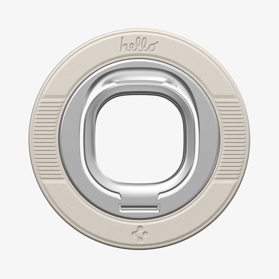 AMP11738 - Spigen Classic LS MagSafe ring grip attachment with 'hello' text engraved and a silver square pop-out ring