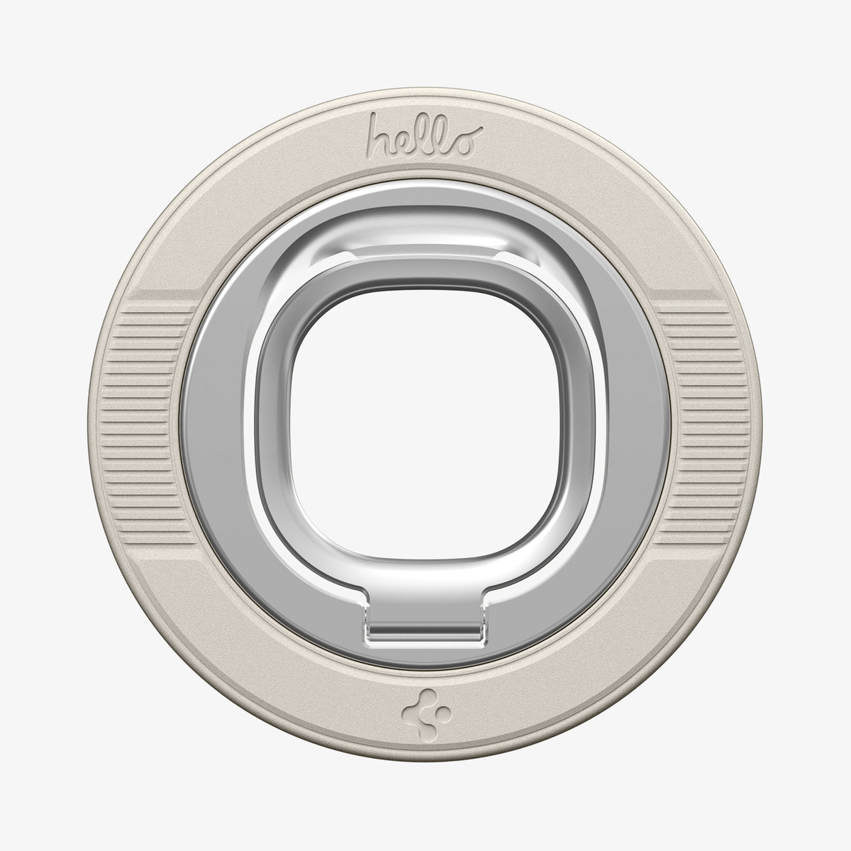 AMP11738 - Spigen Classic LS MagSafe ring grip attachment with 'hello' text engraved and a silver square pop-out ring