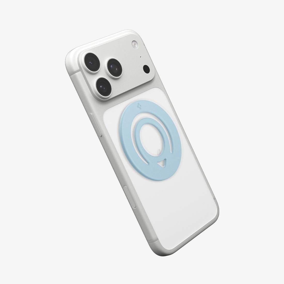 AMP11368 - O-Mag Slim Dual pop (MagFit) in Light Blue showing the back, partial side of the device with the case, magring attached