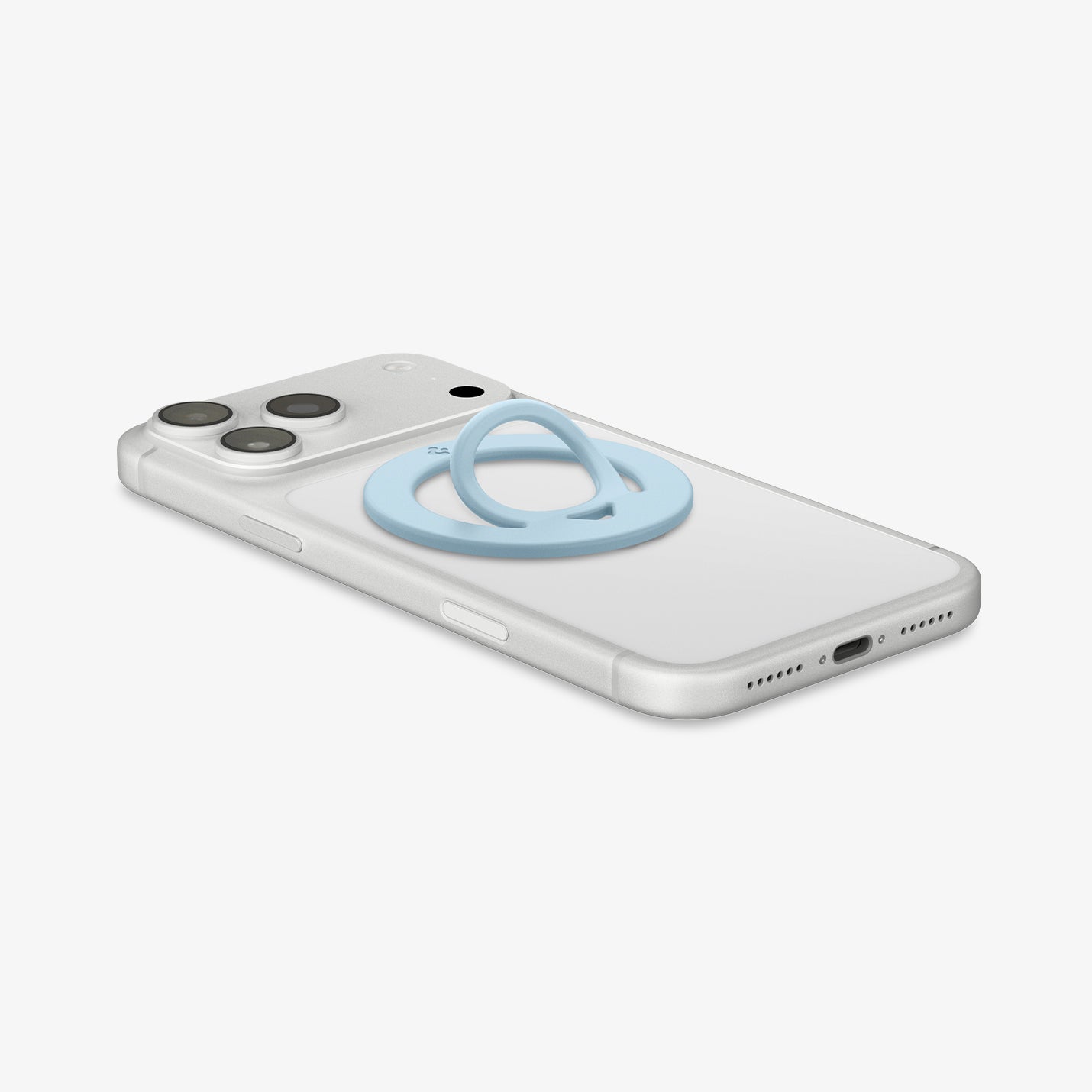 AMP11368 - O-Mag Slim Dual pop (MagFit) in Light Blue showing the back, partial side and bottom of the device with the case magring attached