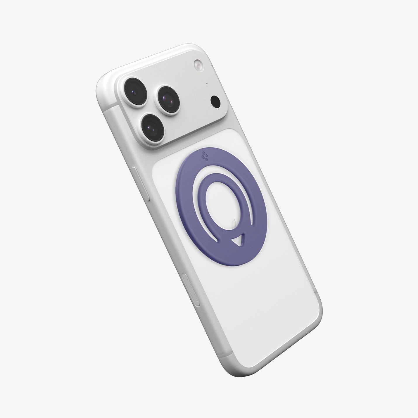 AMP11369 - O-Mag Slim Dual pop (MagFit) in Violet showing the back, partial side of the device with the case, magring attached
