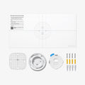 AMP09409 - Eero 6 Mount | ER110 in White showing the items inside the packaging. Mounting Guide, alignment film, bracket and screws