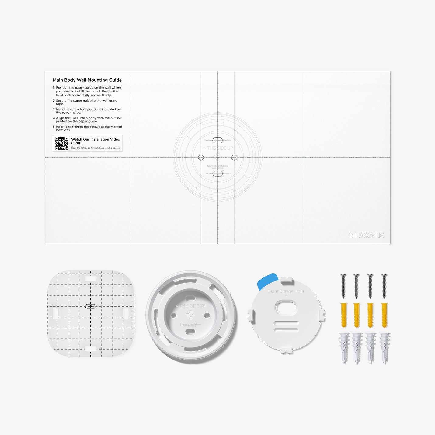 AMP09409 - Eero 6 Mount | ER110 in White showing the items inside the packaging. Mounting Guide, alignment film, bracket and screws