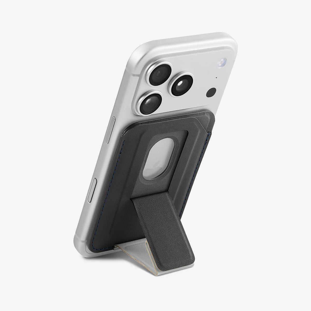 AFA11957 - Filp Stand Card Holder (Mag Fit) in Charcoal Stone showing a rear view of a phone supported by a foldable wallet kickstand
