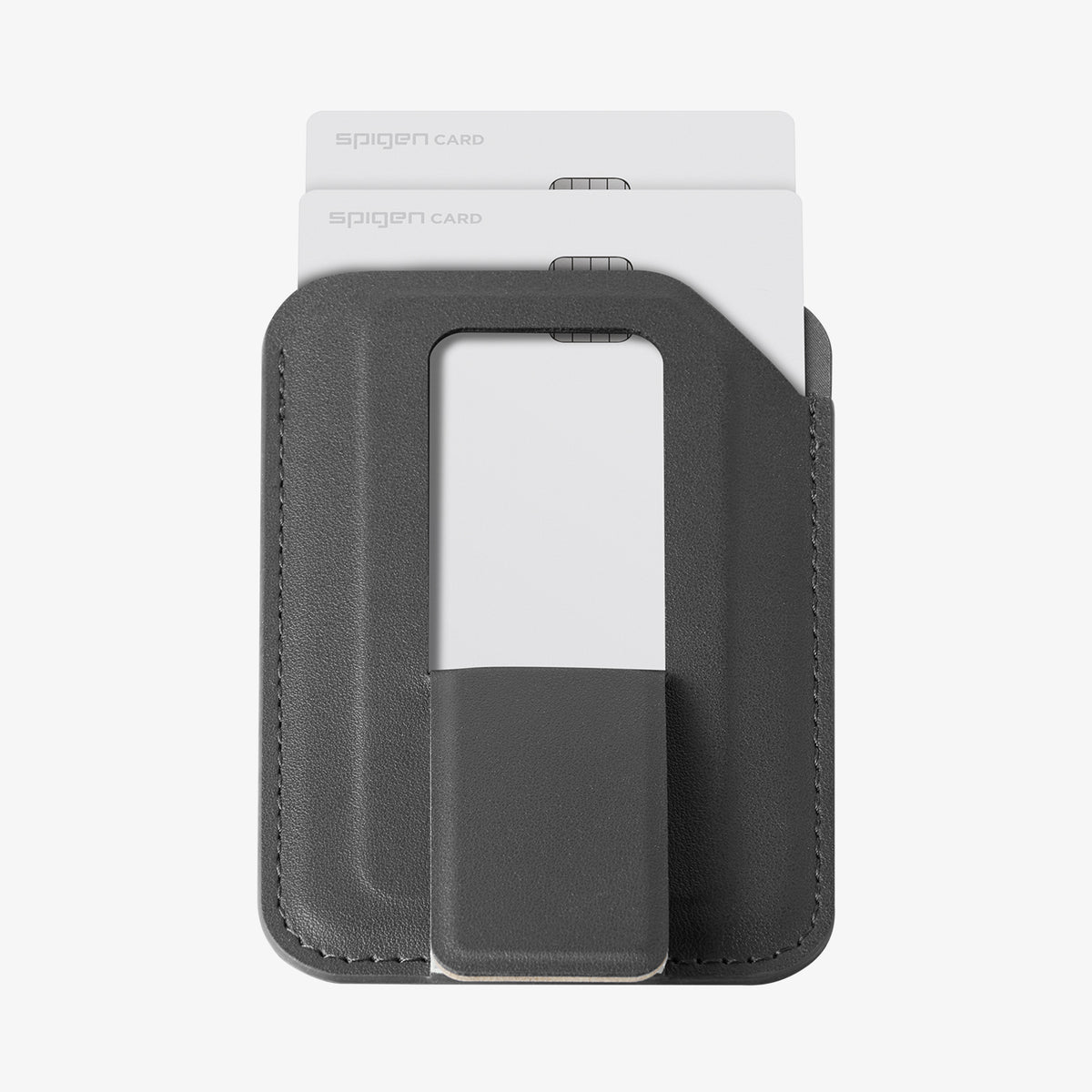 AFA11957 - Filp Stand Card Holder (Mag Fit) in Charcoal Stone showing two cards inserted into a wallet with a cutout on the front