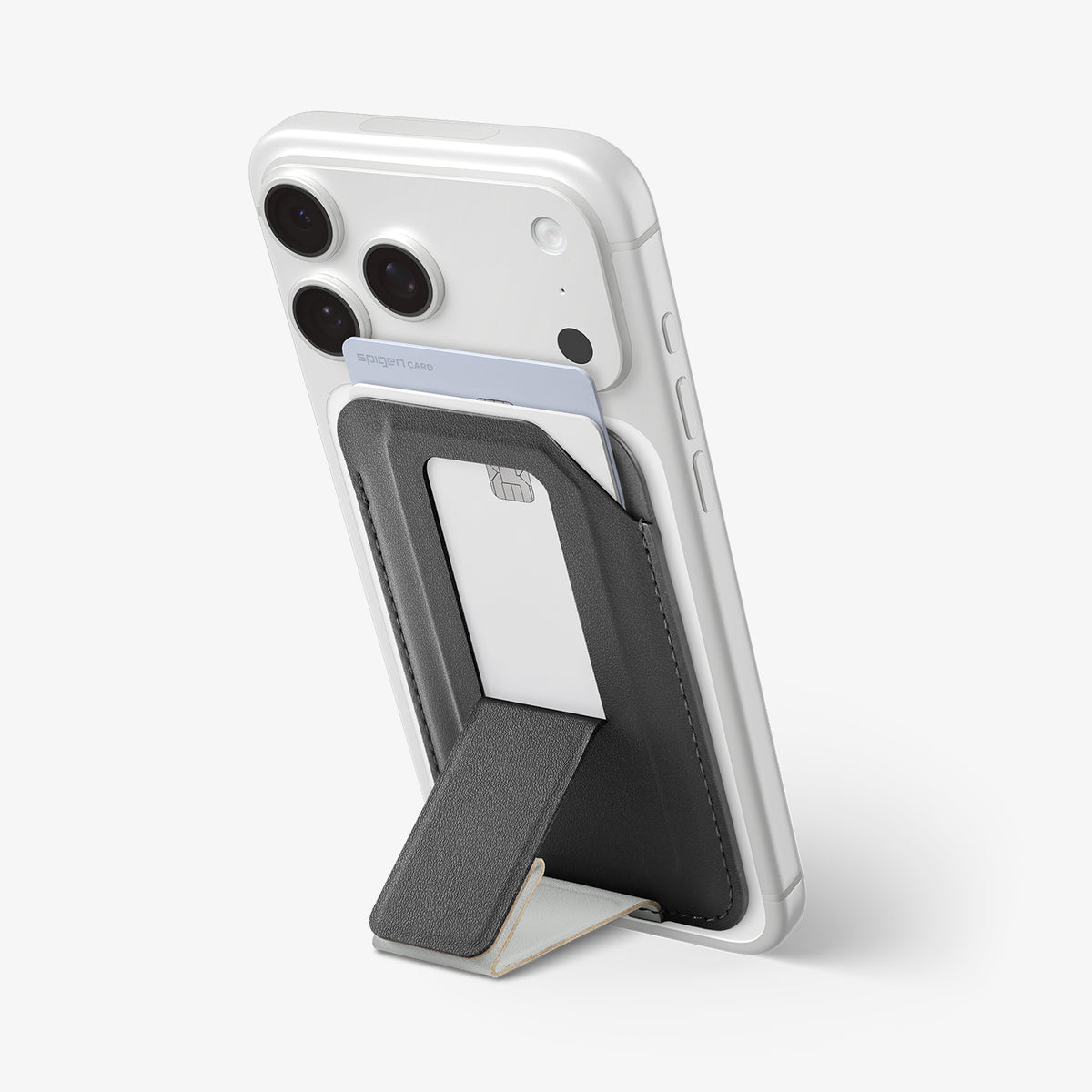 AFA11957 - Filp Stand Card Holder (Mag Fit) in Charcoal Stone showing a phone supported by an extended wallet kickstand with a card inserted