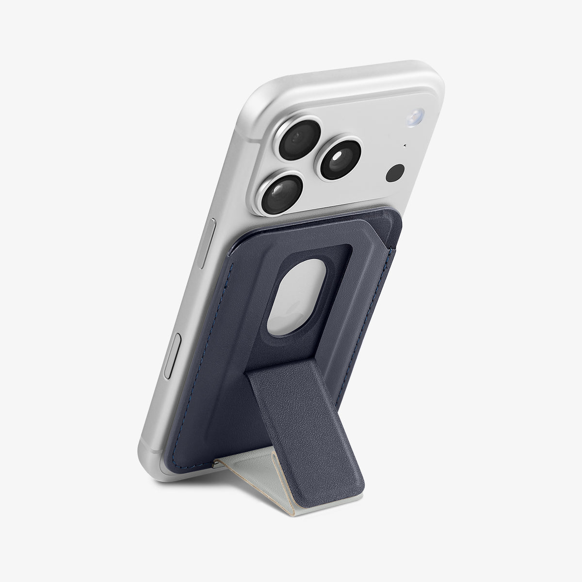 AFA11956 - Filp Stand Card Holder (Mag Fit) in Navy Stone showing a rear view of a phone supported by a foldable wallet kickstand