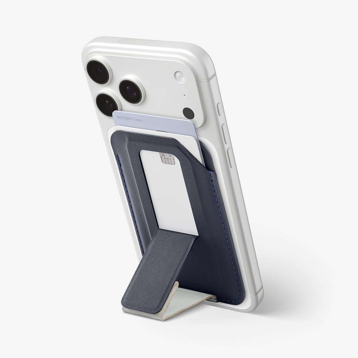 AFA11956 - Filp Stand Card Holder (Mag Fit) in Navy Stone showing a phone supported by an extended wallet kickstand with a card inserted