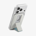 AFA11958 - Filp Stand Card Holder (Mag Fit) in Stone Teal Blue showing a rear view of a phone supported by a foldable wallet kickstand