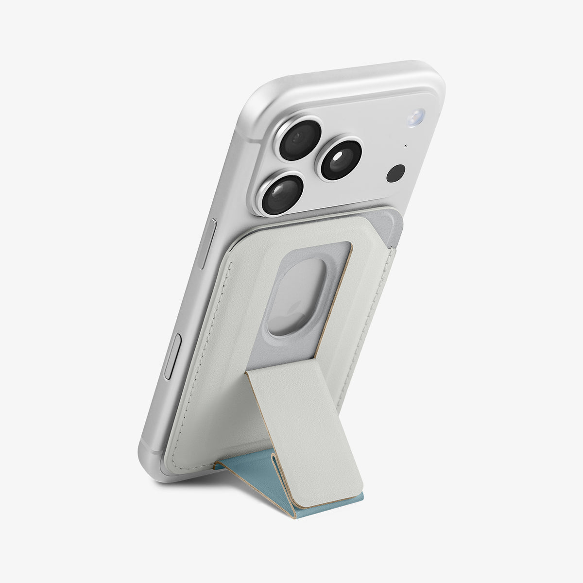 AFA11958 - Filp Stand Card Holder (Mag Fit) in Stone Teal Blue showing a rear view of a phone supported by a foldable wallet kickstand