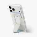 AFA11958 - Filp Stand Card Holder (Mag Fit) in Stone Teal Blue showing a phone supported by an extended wallet kickstand with a card inserted