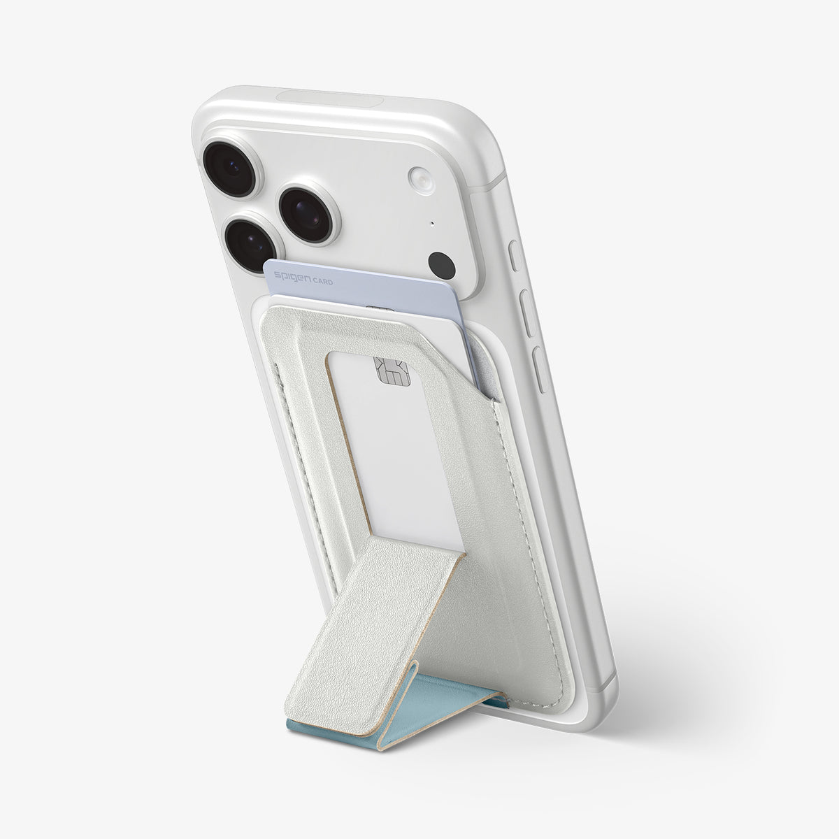 AFA11958 - Filp Stand Card Holder (Mag Fit) in Stone Teal Blue showing a phone supported by an extended wallet kickstand with a card inserted