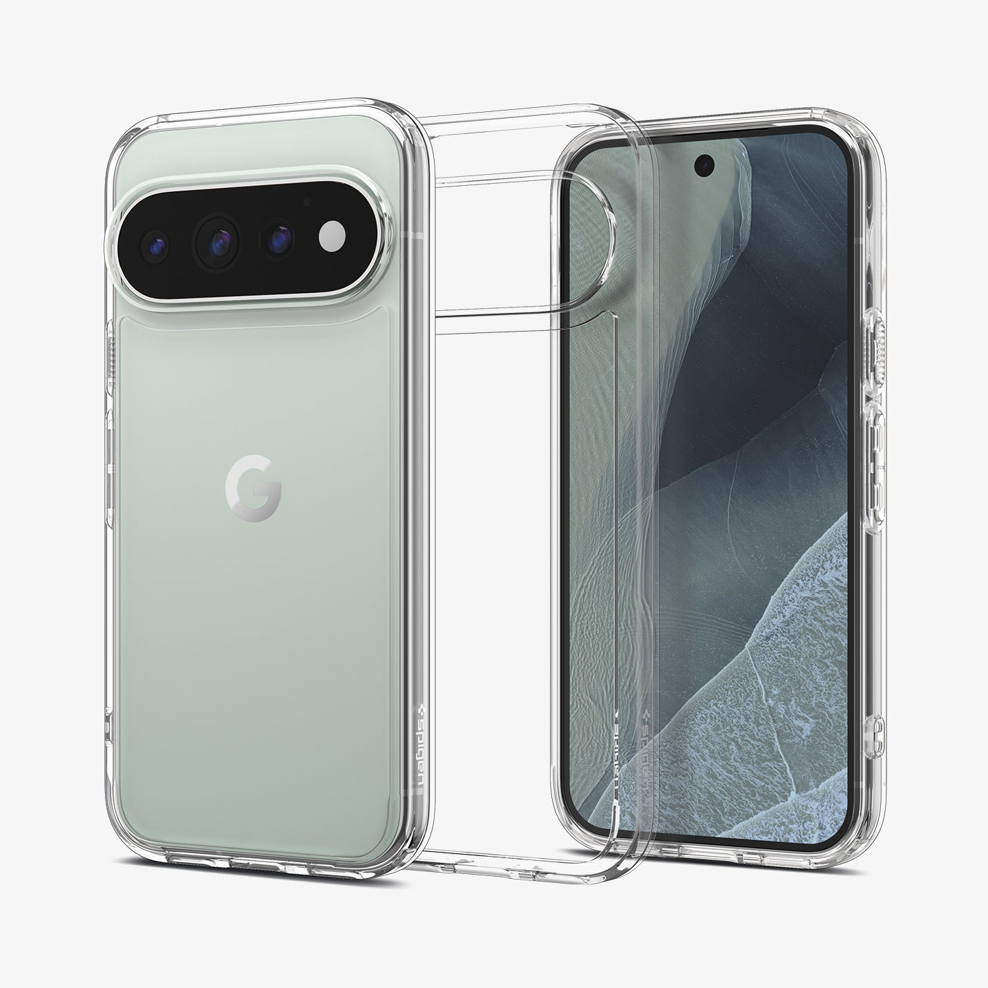  ACS11430 - Pixel 11 Pro  Ultra Hybrid Crystal Clear front and back views of the crystal clear case showing a slim design and raised camera surround.