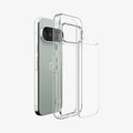 ACS11450 - Pixel 11 Pro XL Ultra Hybrid Crystal Clear exploded view showing the flexible frame, rigid back panel, and hybrid construction for added durability.
