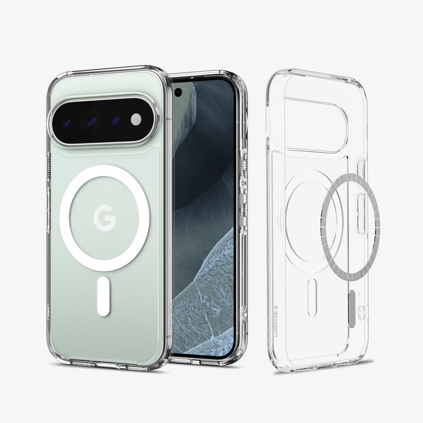 ACS11431 - Pixel 11 Pro  Ultra Hybrid (Mag Fit) Clear White front and back views highlight the built in MagFit ring, slim profile, and everyday protection.