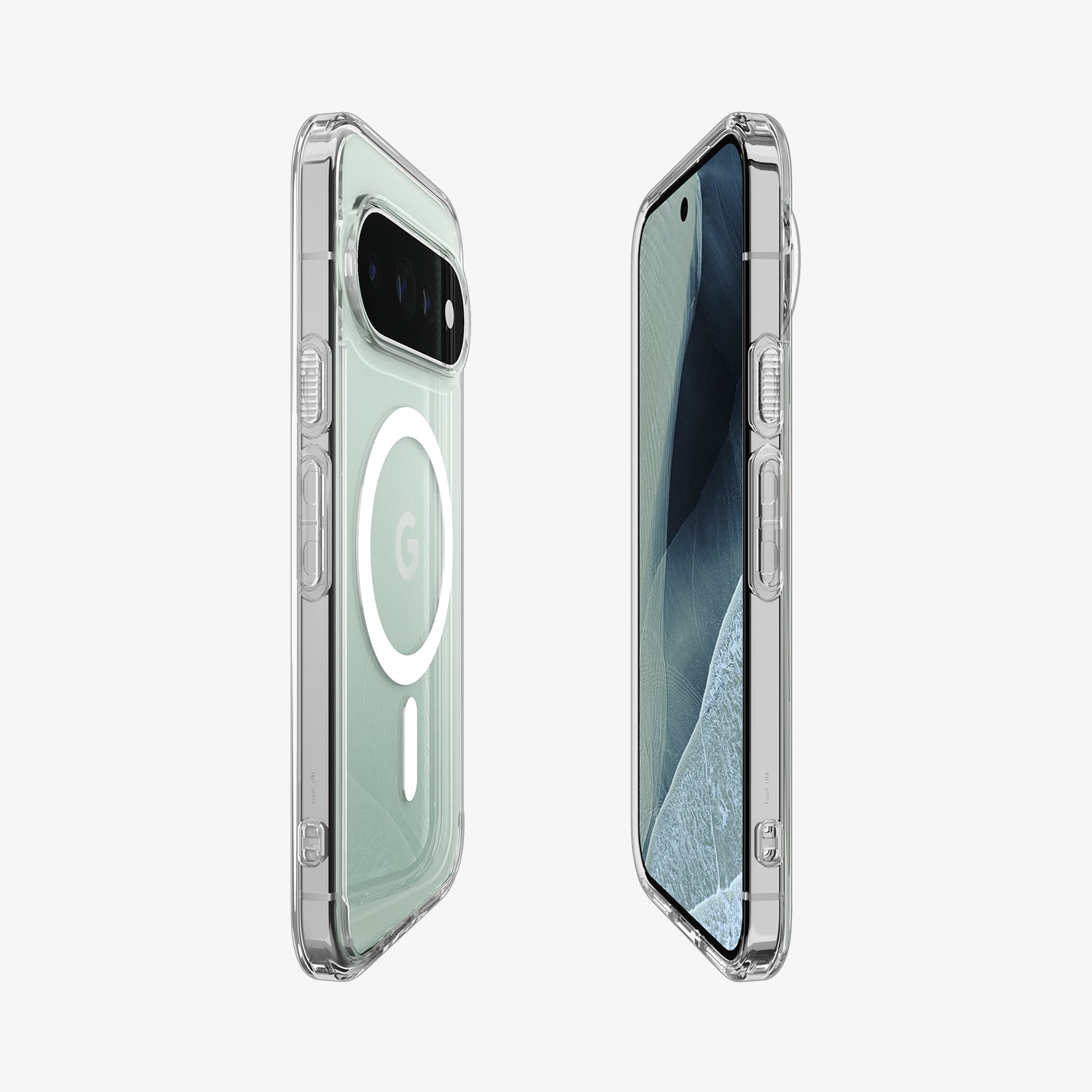 ACS11451 - Pixel 11 Pro XL Ultra Hybrid (Mag Fit) Clear White front and back angled views display the slim profile, built in MagFit ring, responsive buttons, and precise fit.