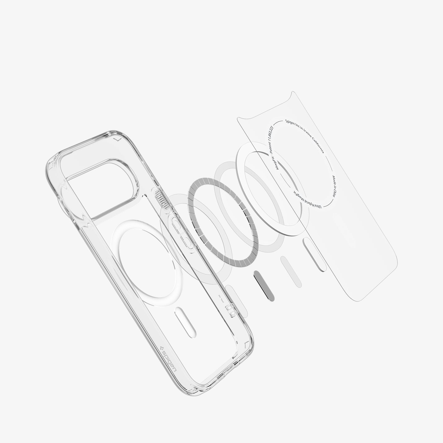 ACS11431 - Pixel 11 Pro  Ultra Hybrid (Mag Fit) Clear White exploded view showing the built in MagFit ring, hybrid construction, and layered design.