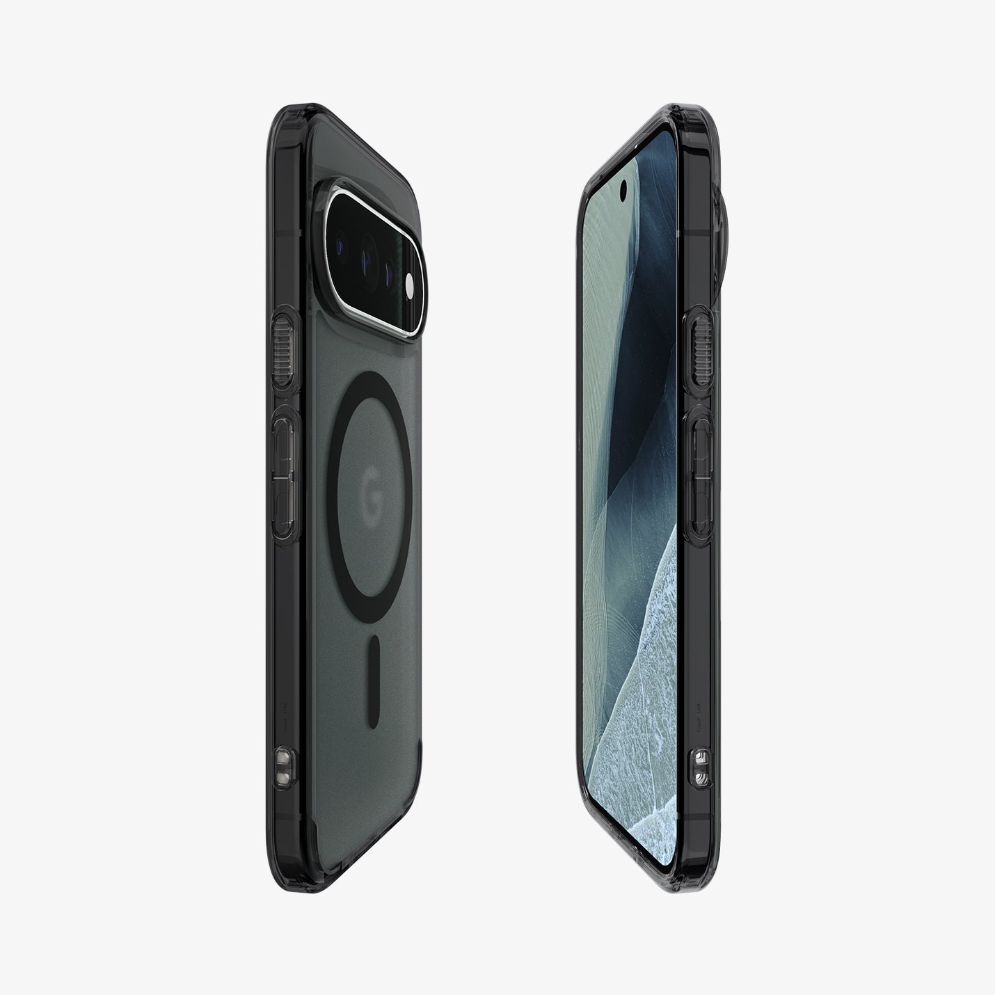ACS11432 - Pixel 11 Pro  Ultra Hybrid (Mag Fit) Frost Black front and back angled views display the slim profile, built in MagFit ring, responsive buttons, and precise fit.