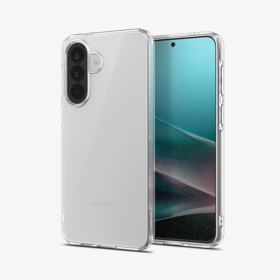 ACS11127 - Spigen Liquid Crystal Galaxy A57 5G case in Crystal Clear - front and back view showing full transparency